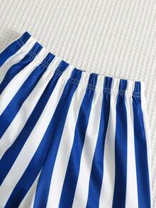SHEIN 兒童青少年男童/女童，青少年男童 2件組 春夏時尚度假風檸檬印花背心與條紋短褲套裝，青少年男童夏季服裝，穿搭，柔軟舒適 - 藍色 - 查看 6