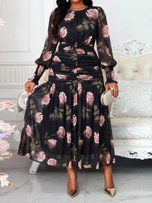 SHEIN Lady CURVE 大尺碼優雅通勤花卉印花洋裝 - 彩色 - 查看 3