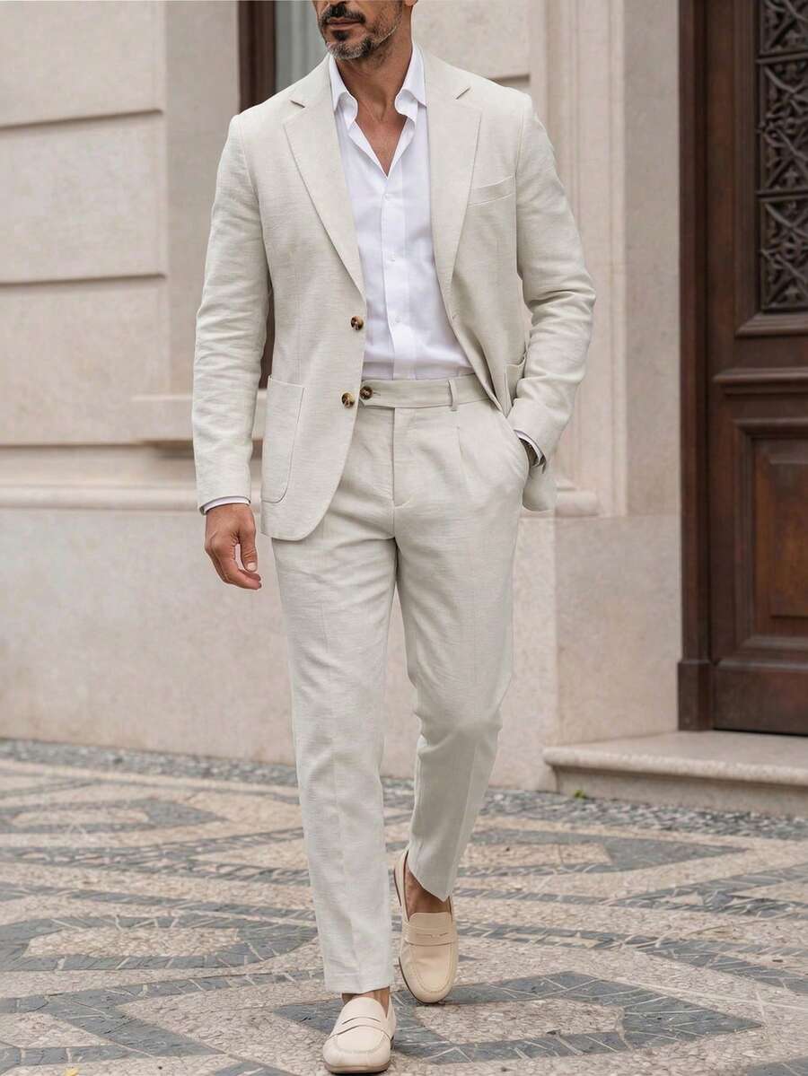 Manfinity Mode Men's Simple Solid Color Business Suit, Including Jacket And Trousers, Men's Khaki Suit. - Apricot - View 1