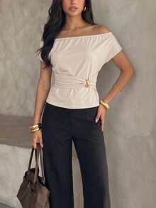 Modelyn Women's Off-Shoulder Asymmetric Metal Decor Top, White Shirt, Summer Outdoor Brunch Lunch Date Birthday Tea Party Date Night Elegant - Apricot - View 4