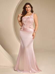 Coutiva Vestido de Noche Formal de Talla Grande con Bordado, Lentejuelas, Patchwork y Satén (Estilo de Mano de Obra Pesada) - Rosa - Ver 6