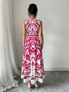 Elenzga Fashionable Sleeveless Full-Print Women's Dress - Red - View 3