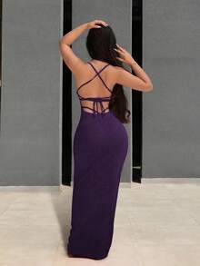 Sirith Women's Solid Color Backless Criss-Cross Design Fitted Slip Dress - Violet Purple - View 2