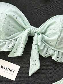 Swim Vcay Spring/Summer Solid Color Shoulder Strap Jacquard Fabric Non-Wired Bow Decor Cute Beach Vacation Swimsuit Set - Green - View 6