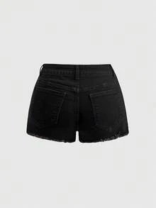 ROMWE 夏季街頭風新中式龍與櫻花刺繡女款牛仔短褲 - 黑色 - 查看 2