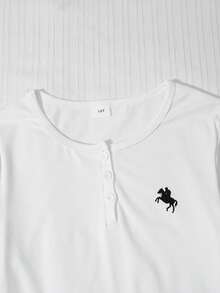 Teenager Mädchen minimalistischer lässiger Luxusstil Pony-Muster Set Halb-Knopf Langarm T-Shirt + Schwarz & Weiß vertikal gestreifte weite Hose 2 Stücke Outfit Frühling/Sommer tägliche Streetwear - Weiss - Übersicht 4