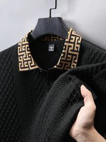 Daypath Men's Knitted Jacquard Textured Ribbed Collar & Cuffs Polo Shirt, Formal - Black - View 4