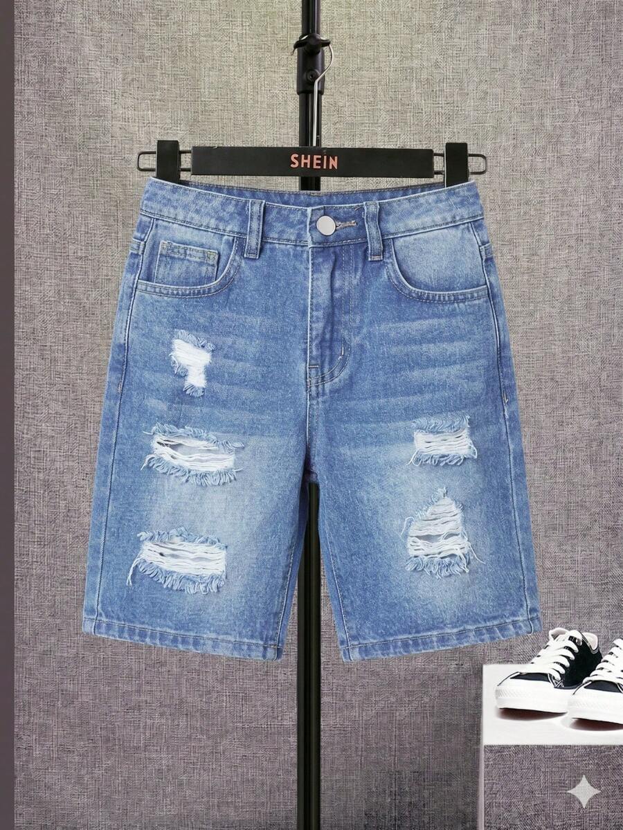 SHEIN 青少年男孩口袋磨損休閒百搭牛仔短褲 - 淺色水洗藍 - 查看 1