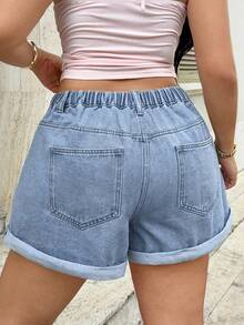 Rivivi Plus Size Women's Non-Stretch Denim Shorts, Classic Rolled Hem Washed Light Blue Distressed, Lace Tie Accessory, Loose Casual Straight Leg - Light Wash - View 3