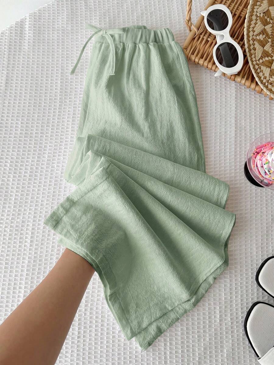 SHEIN Tween女孩休閒極簡舒適中腰直筒百搭長褲 - 綠色 - 查看 1