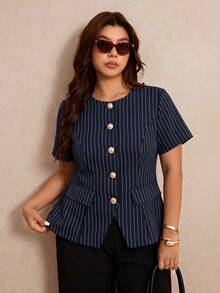 Elaquor Plus Size Women's Business Navy Blue Metal Button Short Sleeve Round Neck Blouse Casual Office Teacher Formal Work Elegant Daily Summer Teachers' Day - Navy Blue - View 4