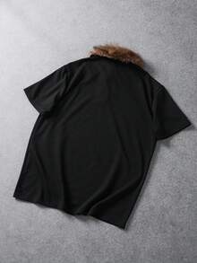 PAVTROS 男士休閒街頭寬鬆時尚短袖毛領印花 Polo 衫，外出休閒必備，送給家人與男友的完美禮物 - 黑色 - 查看 2