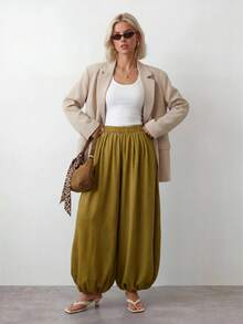 SHEIN PETITE Women's 2026 Spring/Summer New Style Long Green Silk-Feel Pants, Vintage Style, Satin Finish, High-Quality Texture, Street Style, Elegant And Suitable For Parties, Outings, And Casual Outings. ,Petite Women - Fresh Green - View 5