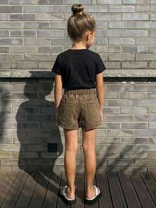 Dazy Kids 少女水鑽裝飾口袋休閒牛仔短褲 - 卡其色 - 查看 7