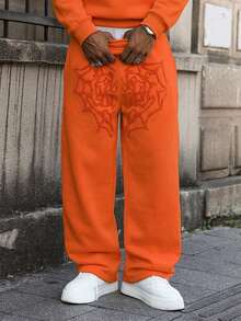 Manfinity Roghcode 男士街头风流行 INS 配色蜘蛛网和心形刺绣运动裤，宽松版型，粉色，送给男朋友/丈夫、周年纪念的理想礼物 - 橘色 - 查看 5