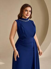 Coutiva High-End Evening Gown Ball Dress With Sequin And Pearl Neckline, Elegant Sophisticated Luxury Style - Navy Blue - View 5