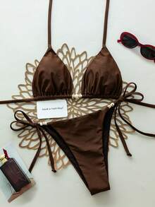 Swim Chiccia 春夏女款兩件式性感度假沙灘優雅純色掛脖綁帶泳衣套裝，紫紅色沙灘裝 - 咖啡棕 - 查看 4