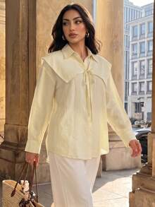 Duskaine Áo blouse nữ tay dài màu trơn thắt nơ trước - Màu vàng - Xem 3