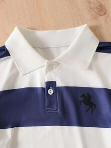 Boys Navy Striped Polo & White Straight Pants With Knit Shawl For Commute, Trips, Gathering, Dining & Back To School - Navy Blue - View 9