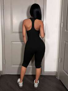 Slaydiva Women's Black Summer Casual Work Tight Jumpsuit,Y2K Street Sweet U-Collar I-Shaped Vest Slim-Fit 3/4 Pants, Style Sporty Basic Bodysuit - Black - View 7