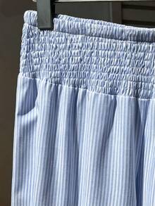 Sunnyshic Women's Spring/Summer Yellow & White Striped Straight Leg Pants With Gathered Waist, Casual Beach Vacation Stroll, Shopping, Date, Commute, Minimalist Daily Home Wear, Versatile - Blue - View 8
