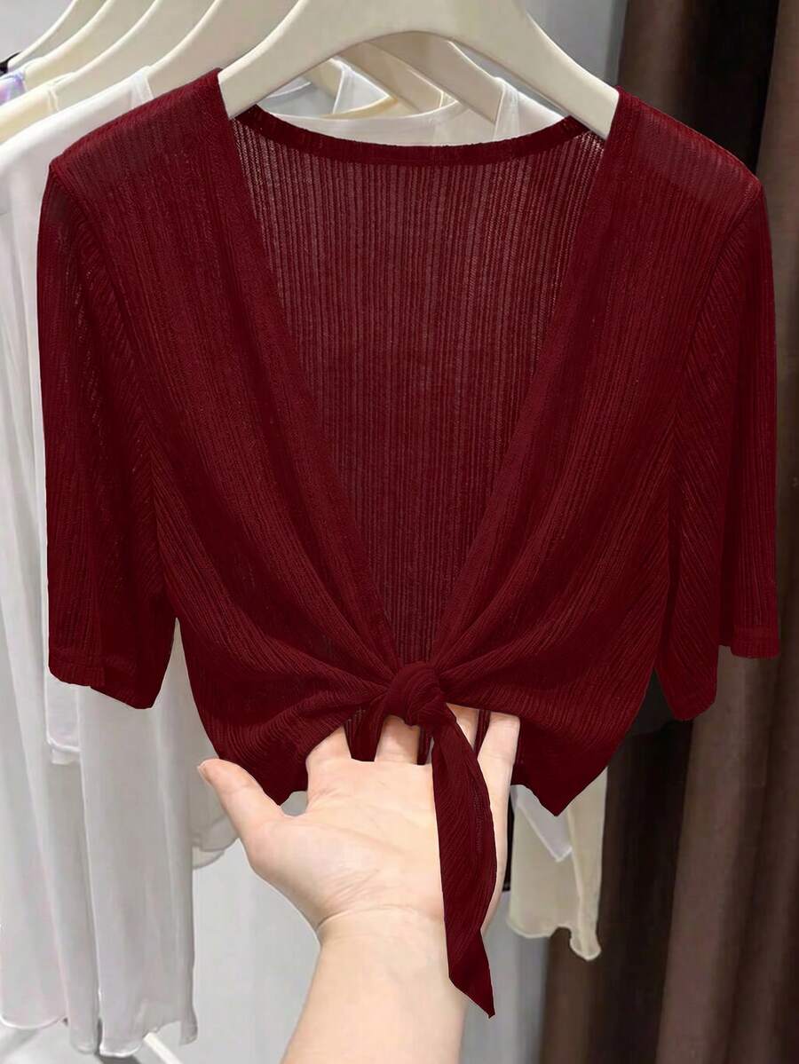 SHEIN CURVE+ 大码女式优雅休闲度假风网眼提花面料系带短袖外套 - 酒紅色 - 查看 1
