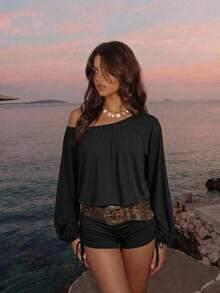 Skyraze Women's Solid Color Asymmetric Neckline Romper Beach Black Summer Casual Festa Junina 4th Of July Outfit Women Beach Outfit Going Out Vacation Country - Black - View 3