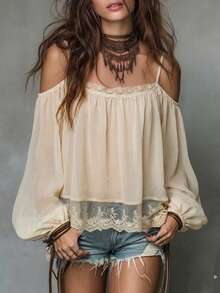 SHEIN LUNE Summer Women's Elegant Lace Cold-Shoulder Blouse, Light Apricot Loose Lantern Sleeve Blouse, Casual Street, Vacation, Date - Apricot - View 1