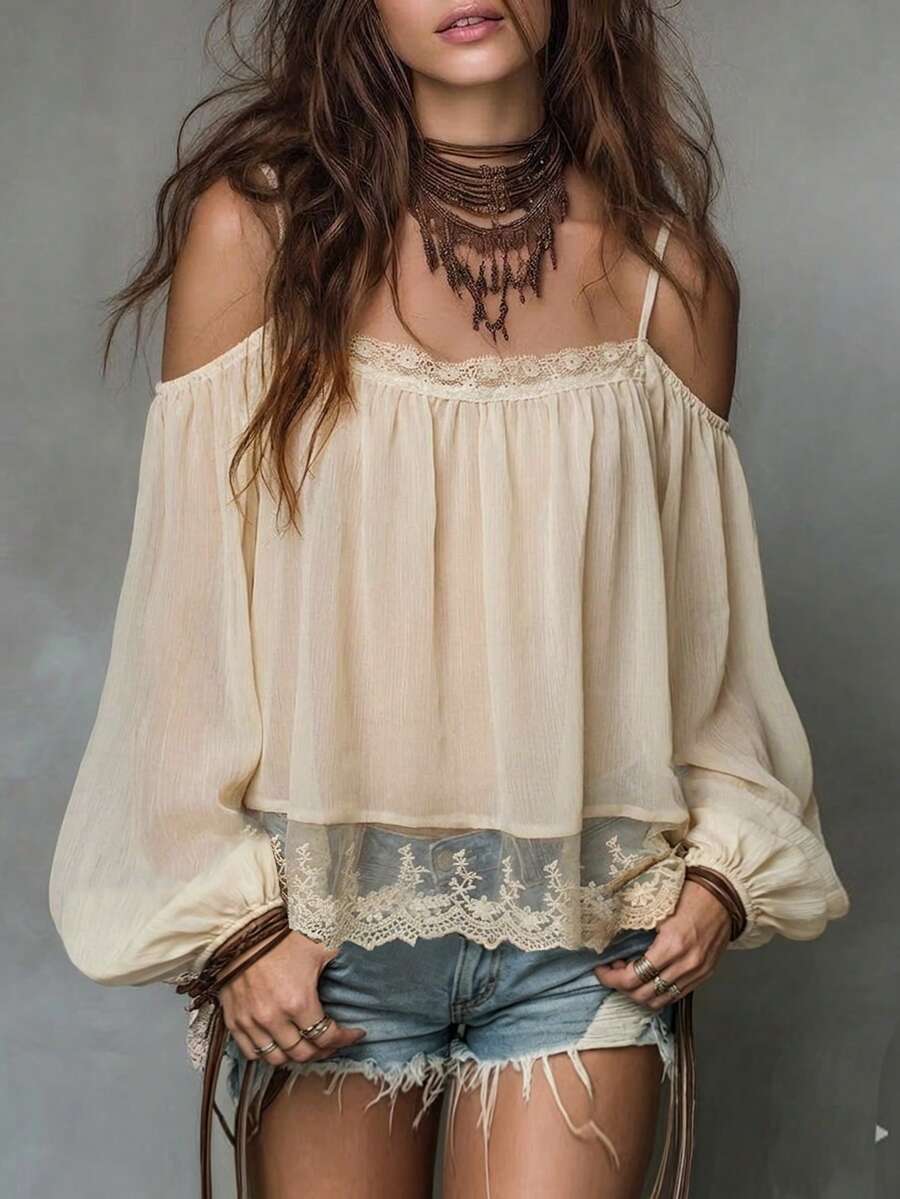 SHEIN LUNE Summer Women's Elegant Lace Cold-Shoulder Blouse, Light Apricot Loose Lantern Sleeve Blouse, Casual Street, Vacation, Date - Apricot - View 1