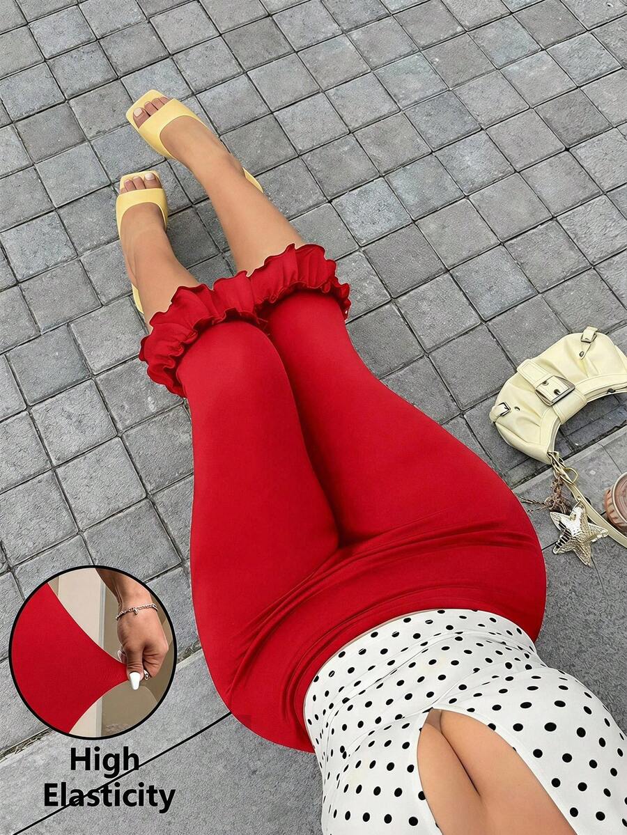 GalTyme Plus Size Women's Solid Color Slimming Fitted Frill Trim 3/4 Length Leggings - Red - View 1