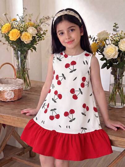 Young Girl Kids Casual Fashion Woven Ditsy Floral Sleeveless Ruffle Dress, Suitable For Vacation, Casual And Home Occasions