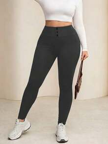 Lacomfia Spring/Summer Casual Versatile Elegant Slimming Button-Up Waist-Cinching Plus Size Women's Leggings - Dark Grey - View 6