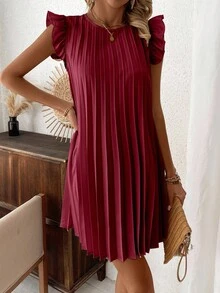 EMERY ROSE Women's Summer Casual Solid Color Pleated Dress - Burgundy - View 6