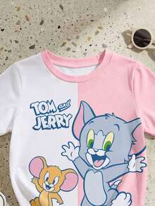 TOM & JERRY X SHEIN GraphicGems 1件套女婴休闲可爱卡通印花撞色夏季针织图案圆领短袖T恤和配套短裤，适合夏季穿着 - 彩色 - 查看 3