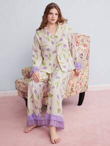 Elorette Plus Size Floral Print Collared Ruffle Trim Long Sleeve Top And Pants Pajama Set, Cozy And Elegant Details, Fall Winter Clothes - Purple - View 6