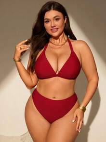SHEIN Swim Curve 休閒度假大尺碼女款泳衣套裝 - 紅色 - 查看 4