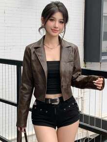 DAZY 秋季女款深棕色PU皮革短版夾克，長袖寬鬆休閒街頭戶外Y2K風格外套 - 棕色 - 查看 4
