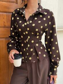 Siren Gaze Spring/Autumn New Brown Polka Dot Waist-Cinching Long Sleeve Blouse For Women - Brown - View 6