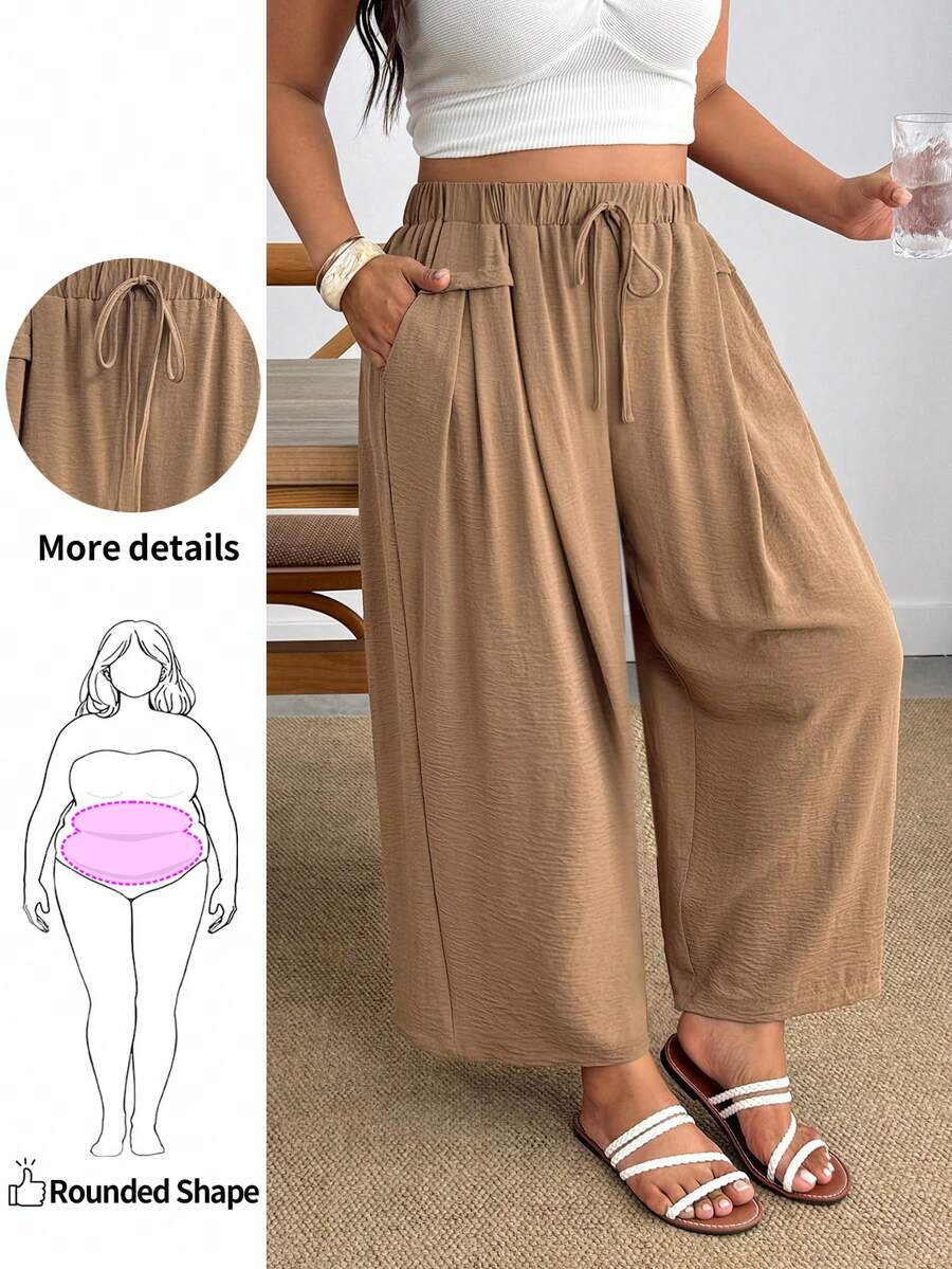Enliva Plus Size Women Khaki Wide Leg Pants High Waist Drawstring Elastic Casual Pocket Vacation Summer - Khaki - View 1