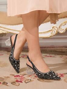 CUCCOO TILAWA Women's Crystal Heel Glass Rhinestone Pointed Toe Pink High Heel Pumps, Suitable For Outings, Banquets, Parties And Other Events - Graphite Black - View 10