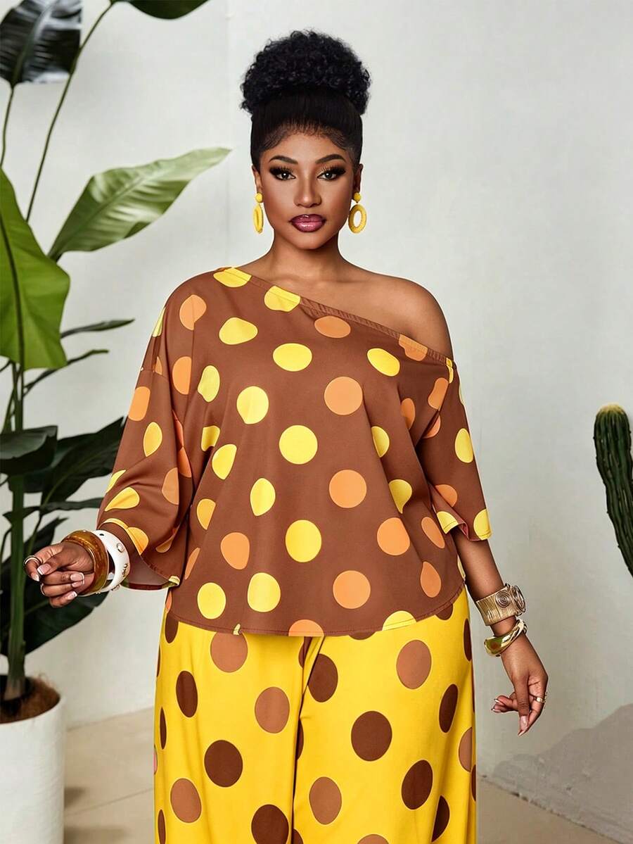 Maweii Plus Size Women's Polka Dot Asymmetrical Shoulder Bell Sleeve Loose Top, Spring/Summer Dopamine Casual - Brown - View 1