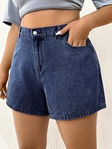 Elaquor Celana Pendek Denim Kasual Serbaguna Pinggang Tinggi untuk Wanita Ukuran Plus dengan Kantong - Dark Wash - View 4