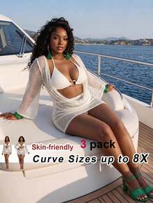 SHEIN CURVE+ 3件套加大码女士性感深V领比基尼套装 - 上衣、下装和罩衫 - 白色 - 查看 7