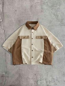AXEPEAK Men's Colorblock Short Sleeve Single-Breasted Casual Shirt - Khaki - View 2