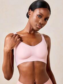 Veilyse Seamless Backless Wireless Thin Adjustable Strap Bra, Lingerie - Pink - View 7