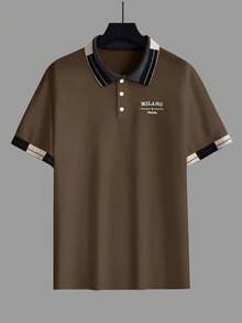 Manfinity Homme 男士珠飾刺繡羅紋領短袖休閒 Polo 衫，儀式穿著 - 棕色 - 查看 5