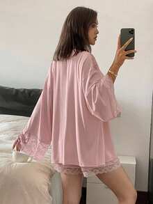 DAZY 3件組迷人蕾絲拼接翻領吊帶上衣與長褲女款睡衣套裝 - 粉色 - 查看 2