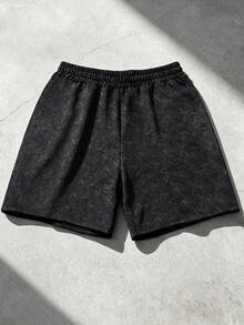 Manfinity EMRG 男士黑色哥德風街頭風短褲，復古水洗做舊布料，深色印花寬鬆抽繩短褲，夏季休閒短褲，適合音樂節、派對與日常穿著 - 彩色 - 查看 3