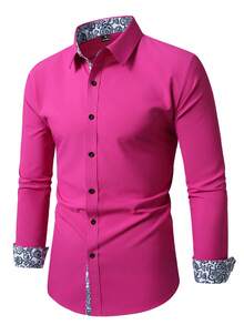 Manfinity Mode Camisa de manga larga con patrón floral de patchwork de un solo pecho (no posicionado), formal para hombre - Rosa Fucsia - Ver 4