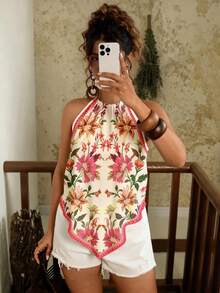 Travachic 女款波西米亞風夏季花卉印花方巾領掛脖無袖露背度假休閒背心 - 粉色 - 查看 4